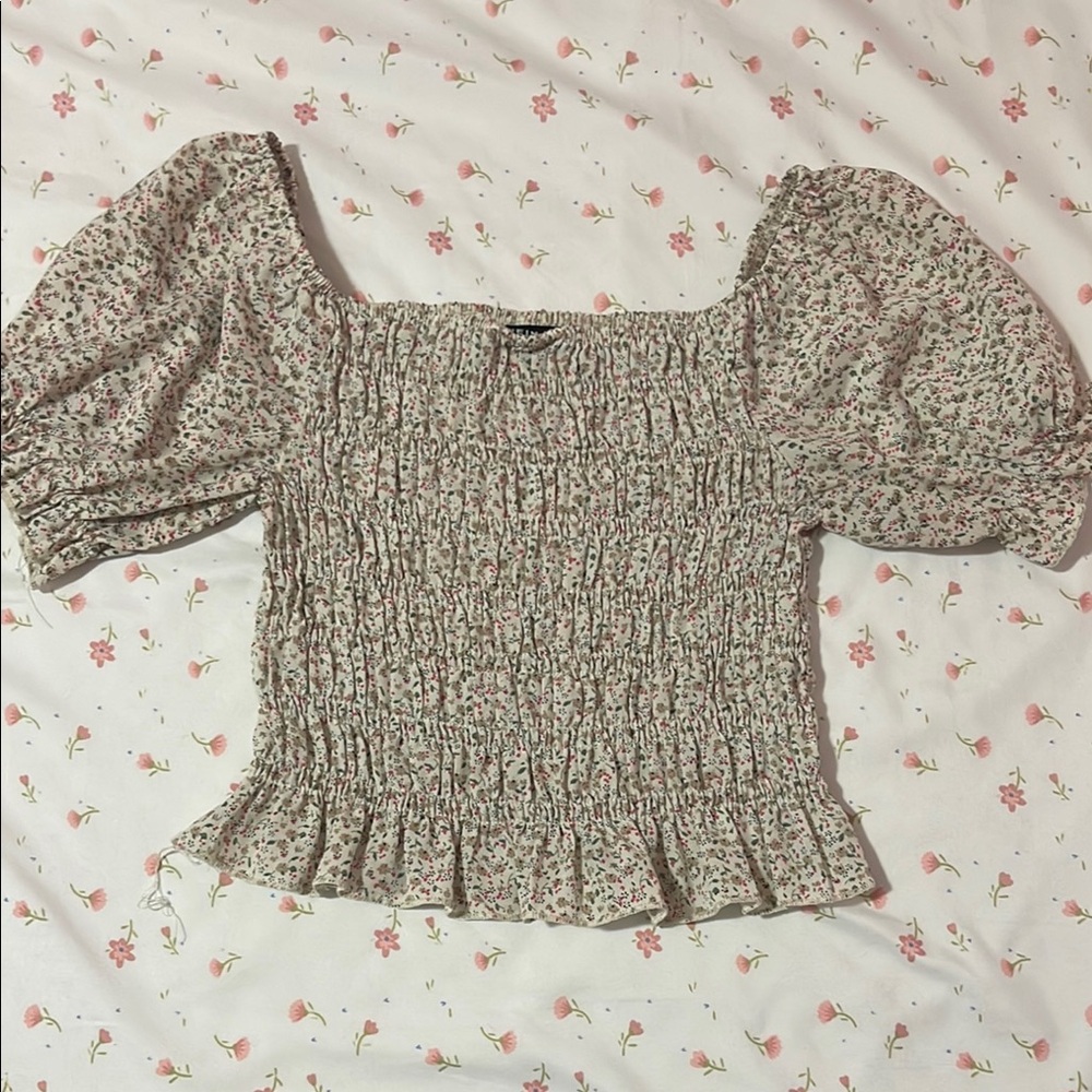 SHEIN Tan Cream Smocked Puff Sleeve Blouse